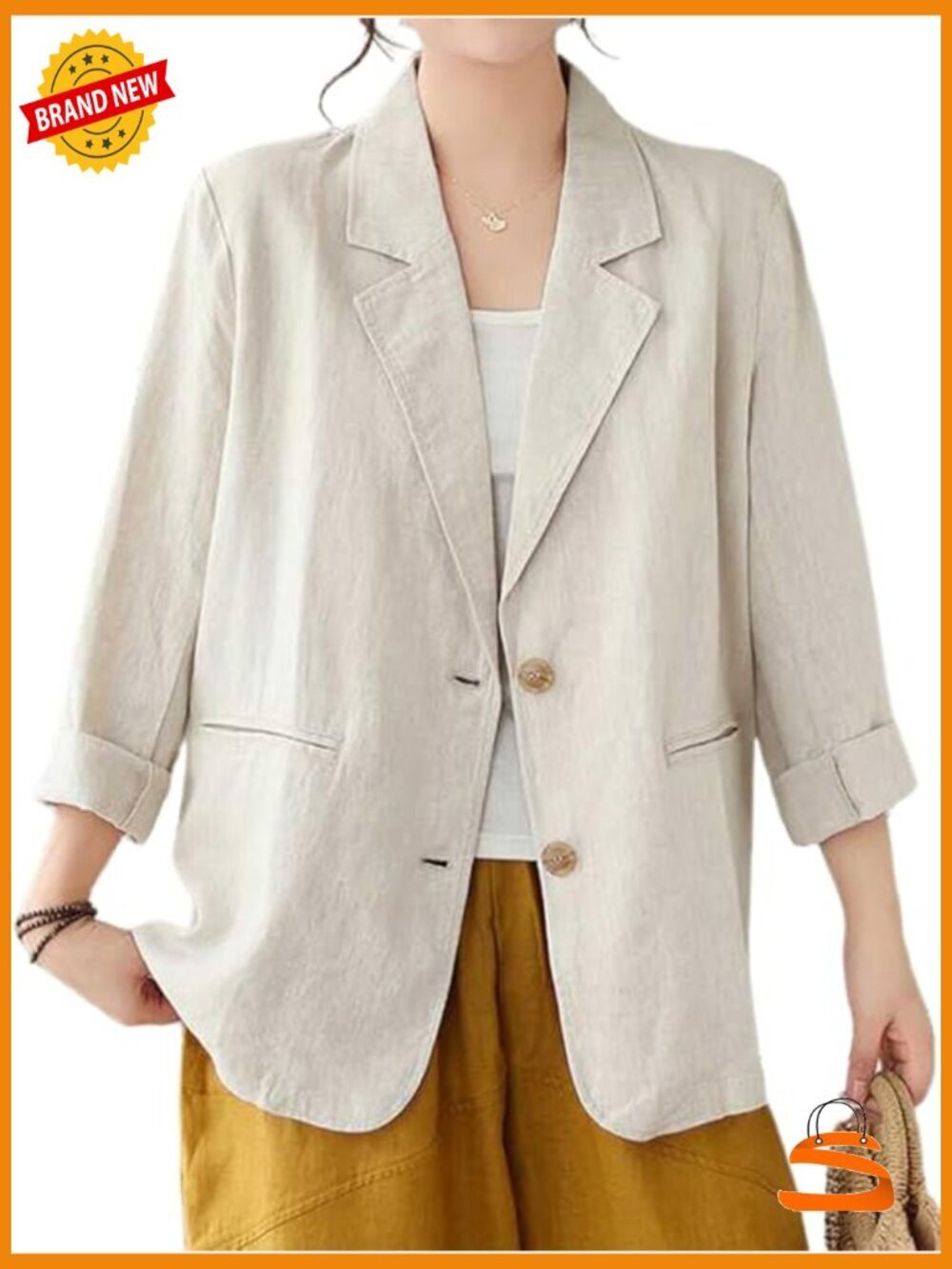 Cotton Linen Blazer Long Sleeve Lightweight Business Casual Open Front Two